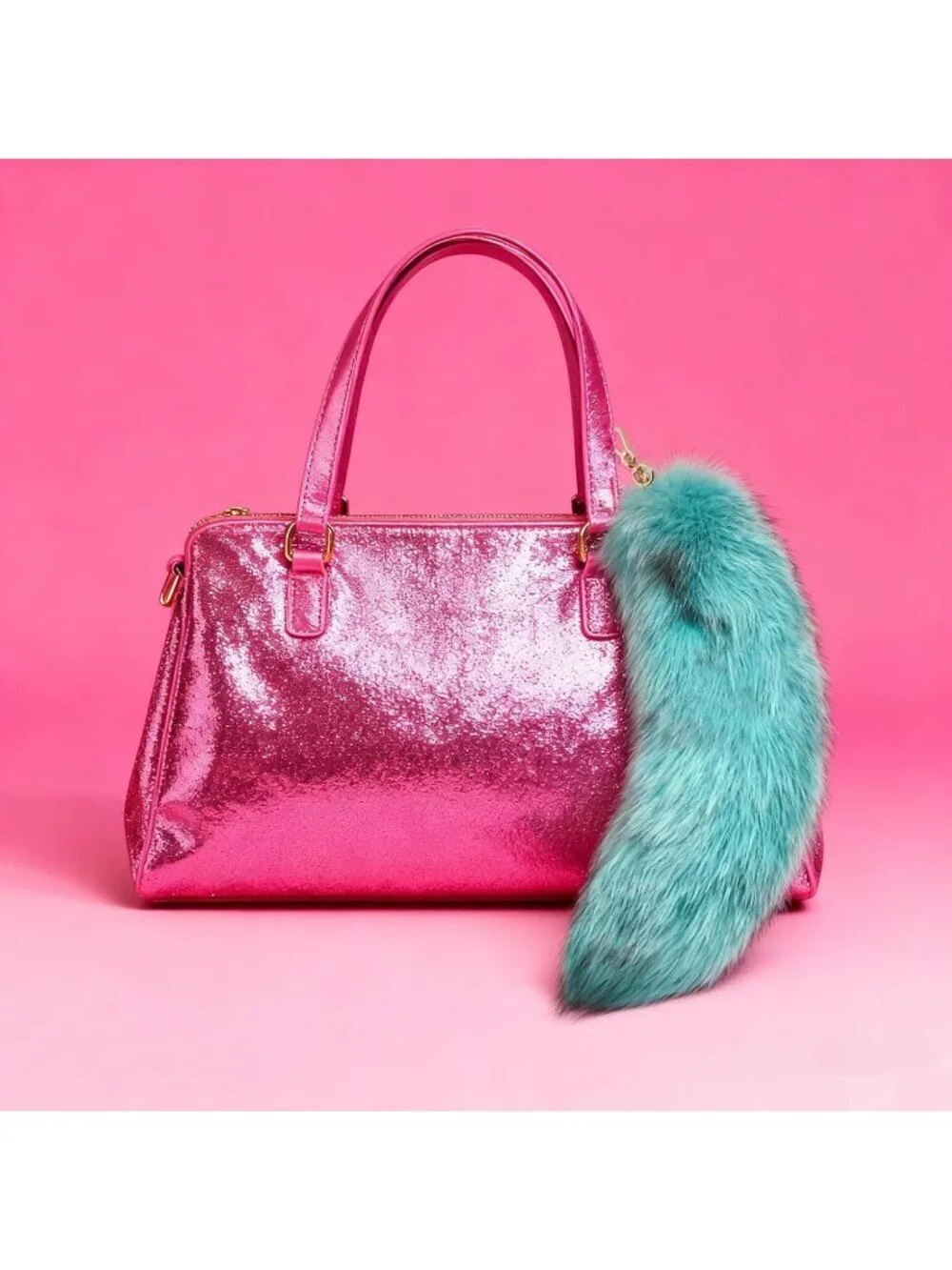 Women's Blue Fluffy Fox Tail Cosplay Keychain Birthday Party Costume Handbag